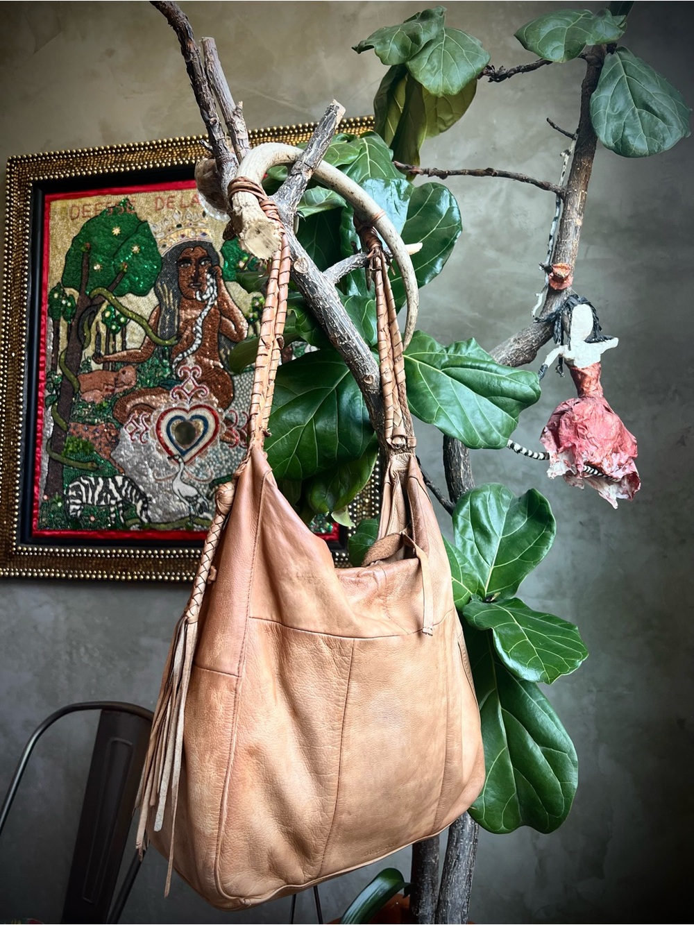 Soft Tan Leather Hobo Tote with Braided Strap - Picture 2 of 13